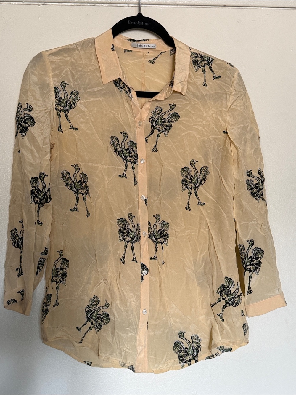 Bimba & Lola Women’s XS Cream Button-Up Blouse with Ostrich Print